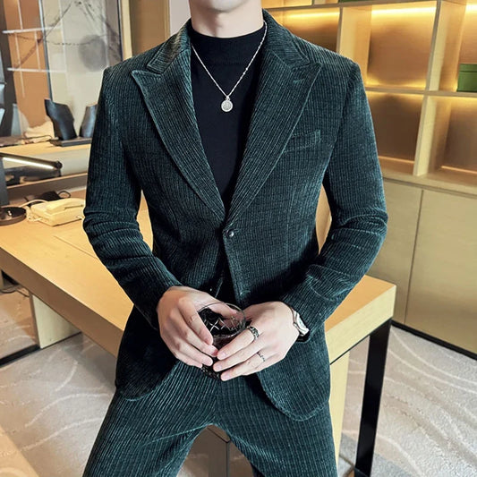 ( Jacket+Pants) Men Corduroy Suit Two-Piece Set High Quality Italian Style Business Suit Luxury Men Formal Wedding Groom Tuxedos