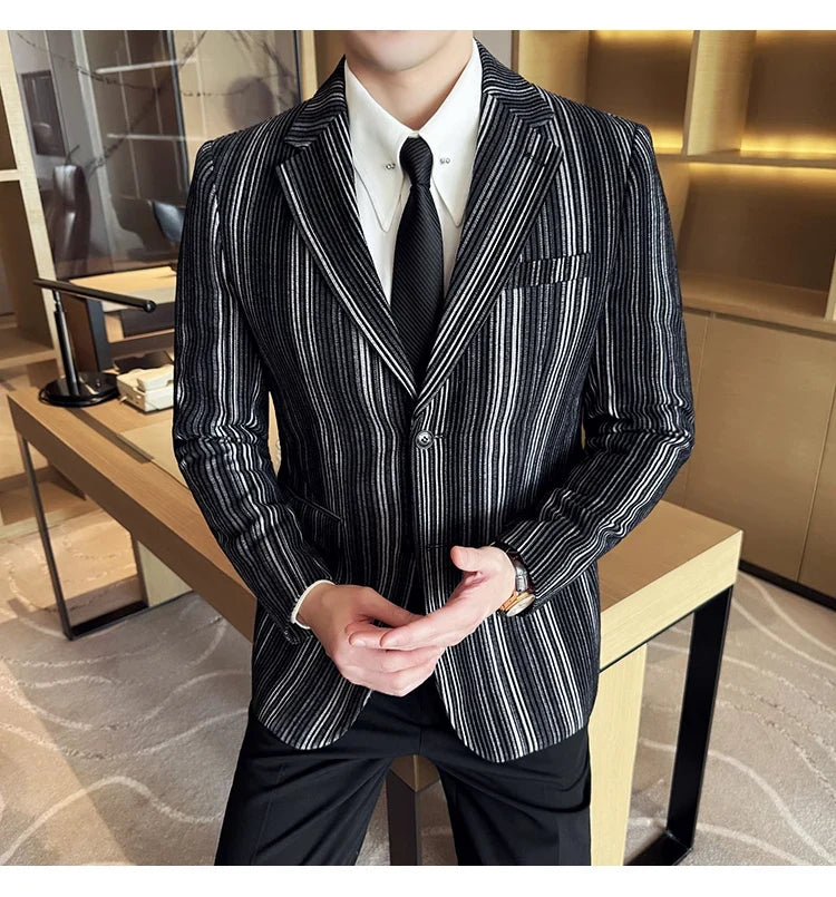 High Quality Plush Striped Fashion casual Suit Jacket Autumn Winter New Men Slim Fit Business Formal Social Prom Party Tuxedos