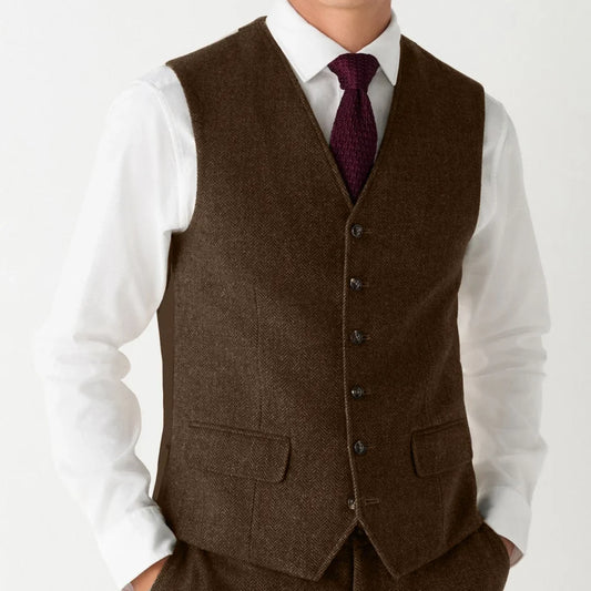 Men's Vest Herringbone Single Button V-Neck Waistcoat for Wedding & Business