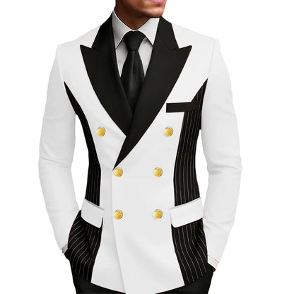 Men's Double Breasted Blazer Striped Patchwork Peak Lapel Slim Fit Formal Wedding Suit Jacket