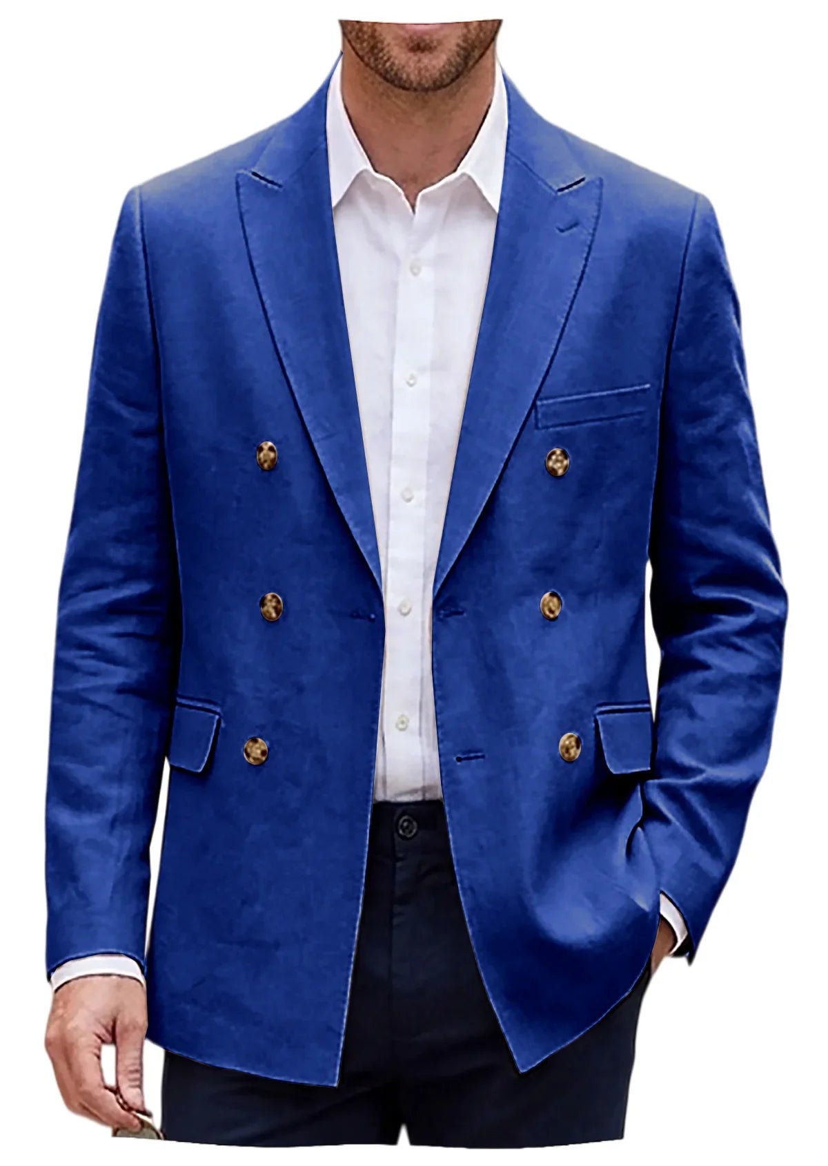 Men's Double Breasted Linen Blazer Slim Fit Suit Jacket Formal Business Casual Coat Wedding Party Spring Summer Streetwear
