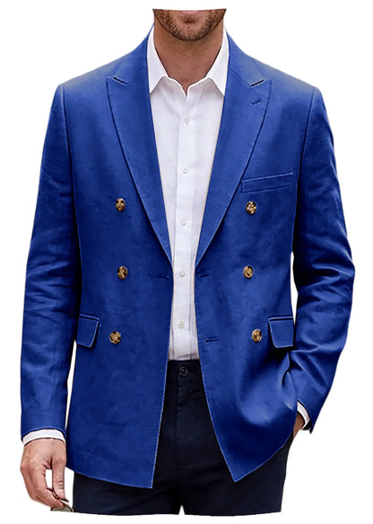 Men's Double Breasted Linen Blazer Slim Fit Suit Jacket Formal Business Casual Coat Wedding Party Spring Summer Streetwear