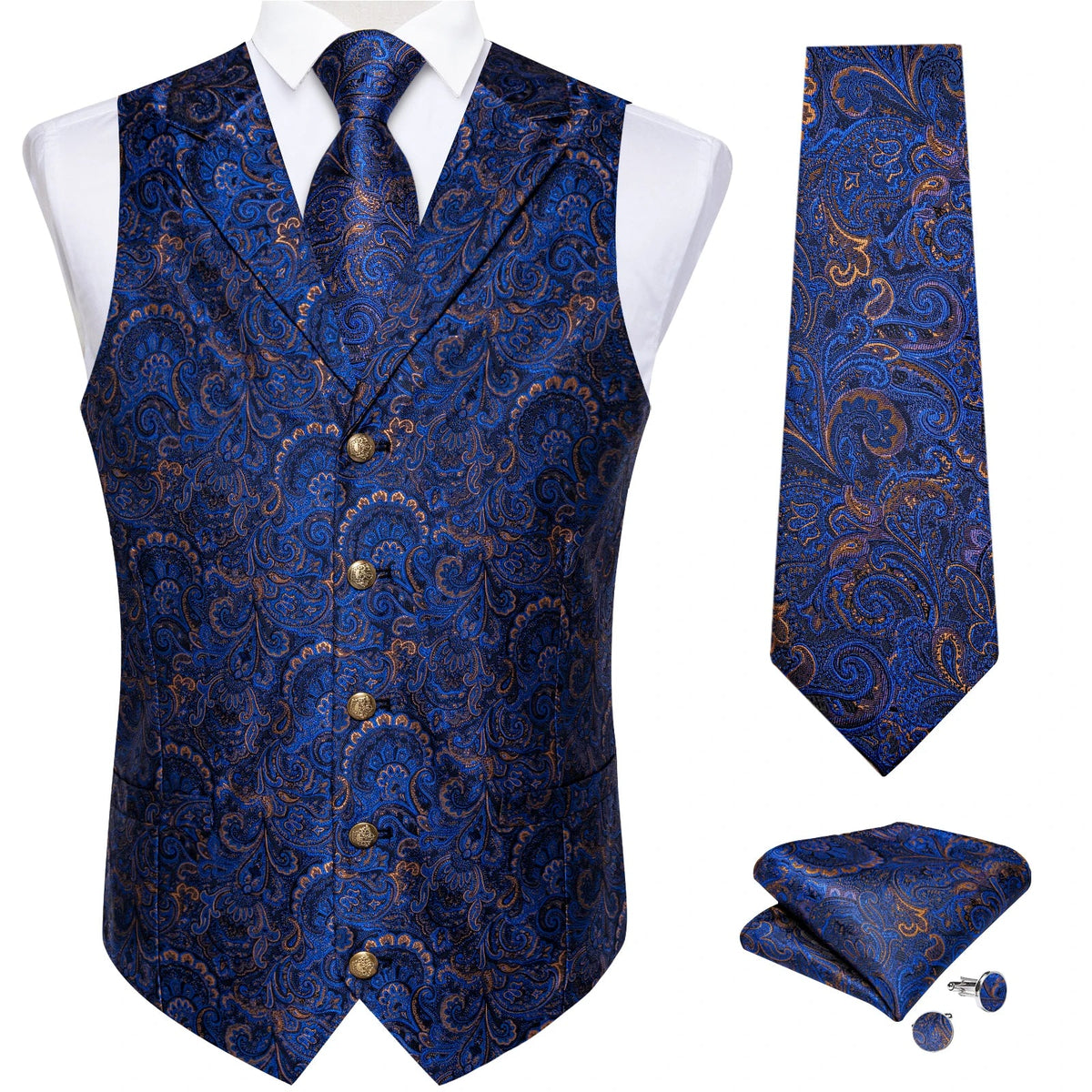 Men's Paisley Suit Vest – Single-Breasted Waistcoat with Tie, Handkerchief & Cufflinks for Weddings & Banquets