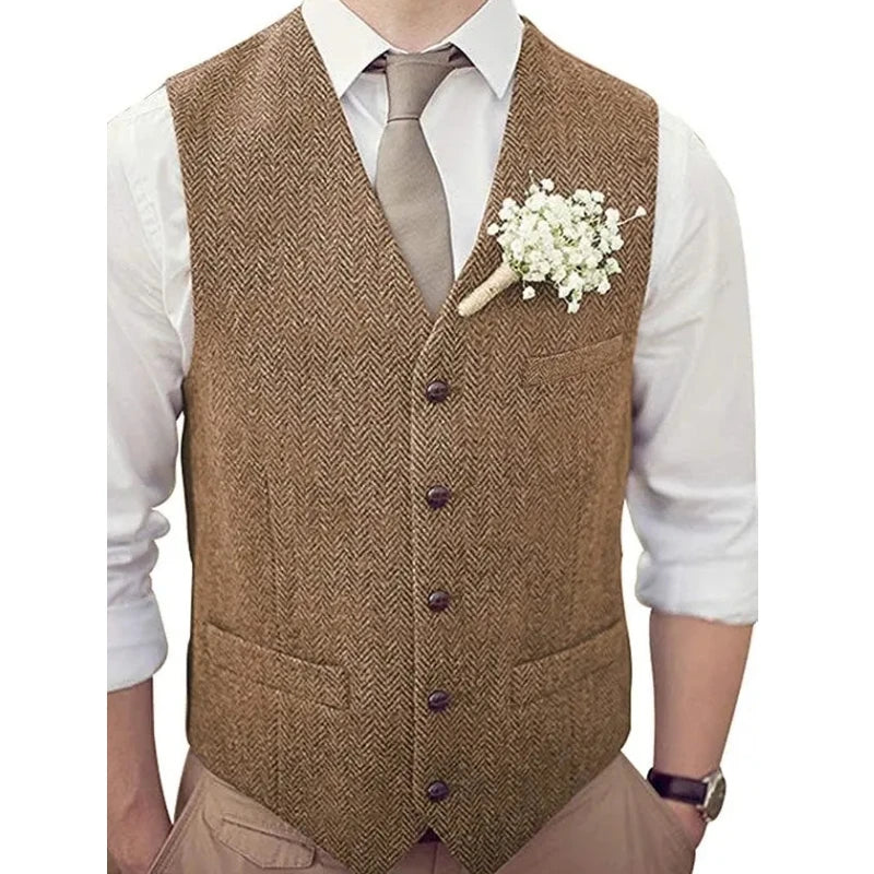 Men's Vest Herringbone V-Neck Single Button Waistcoat for Wedding, Business & Casual Wear