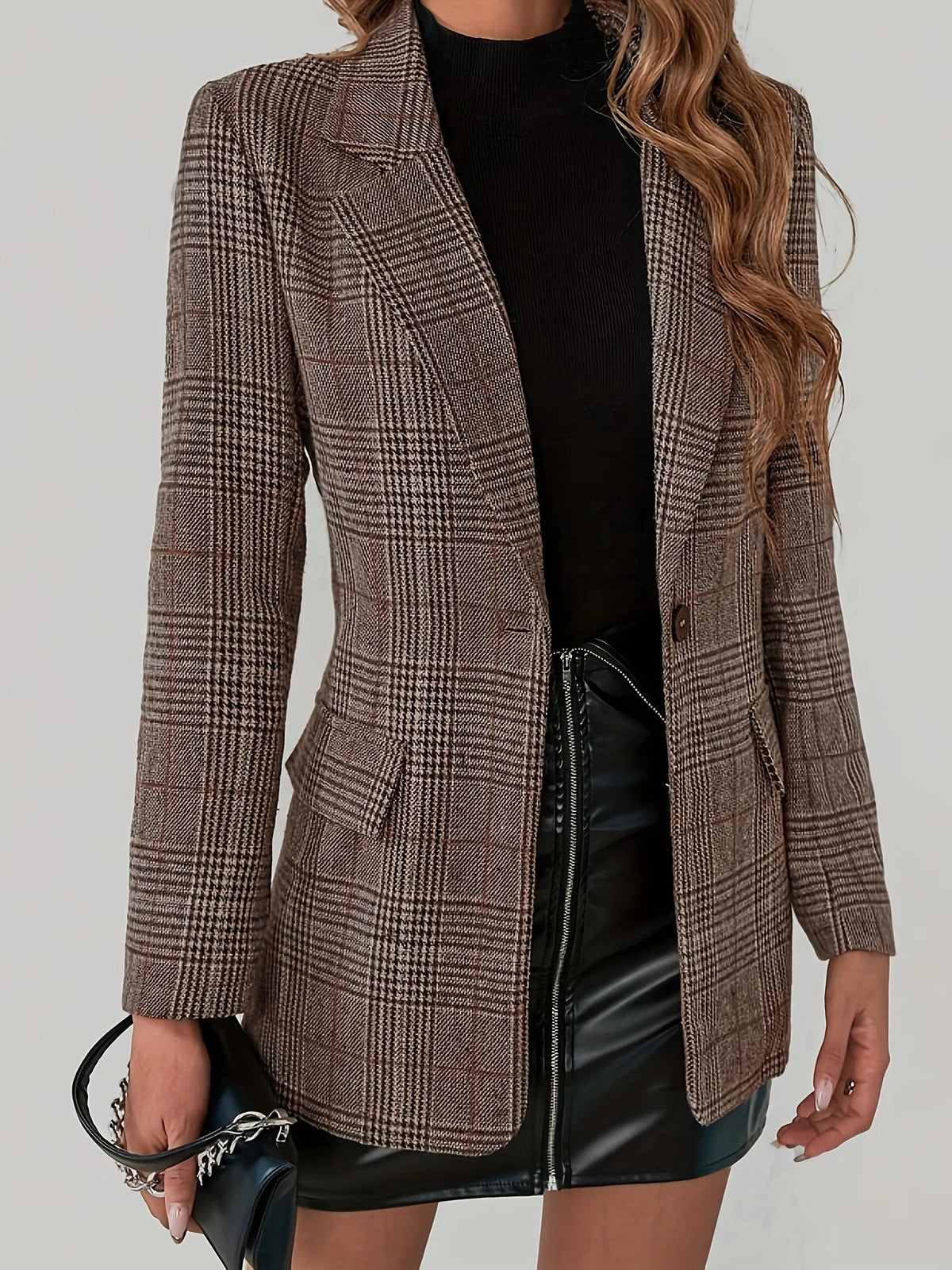 Women's Color-Block Plaid Flat-Lapel Single-Breasted Blazer