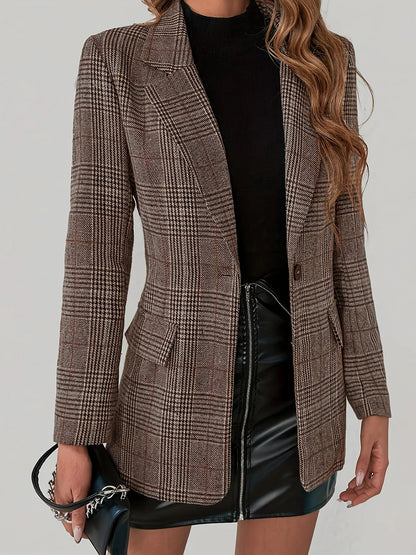 Women's Color-Block Plaid Flat-Lapel Single-Breasted Blazer