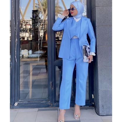 Saudi Arabia Lady Clothing Blue Women's Pants Set High-end Double Breasted Female Three Pieces(Blazer+Trousers+Vest)