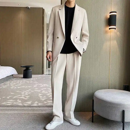 Men's Spring Autumn Casual Blazer Set Korean Slim Fit Lightweight Loose Smart Chic Suit Jacket Fashion Trendy Top