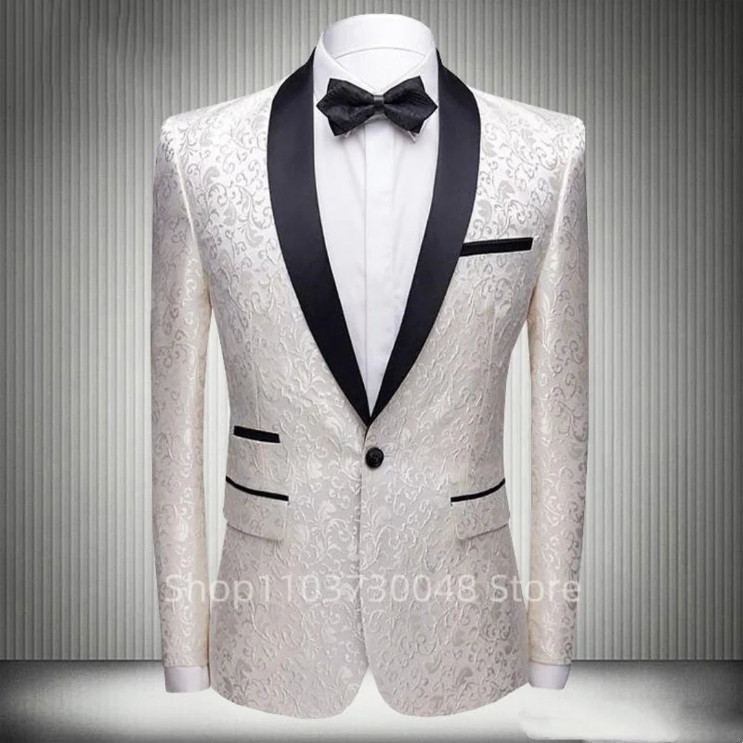 White Jacquard Blazer for Men with Shawl Lapel One Button Dinner Jacket Elegant Slim Fit Suit Jacket One Coat for Wedding Party