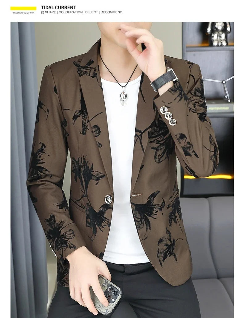 Blazer Men's Fashion Gentleman Business Outdoor Travel Print Wedding Slim-fit Korean Trend Handsome Youth Casual Blazer