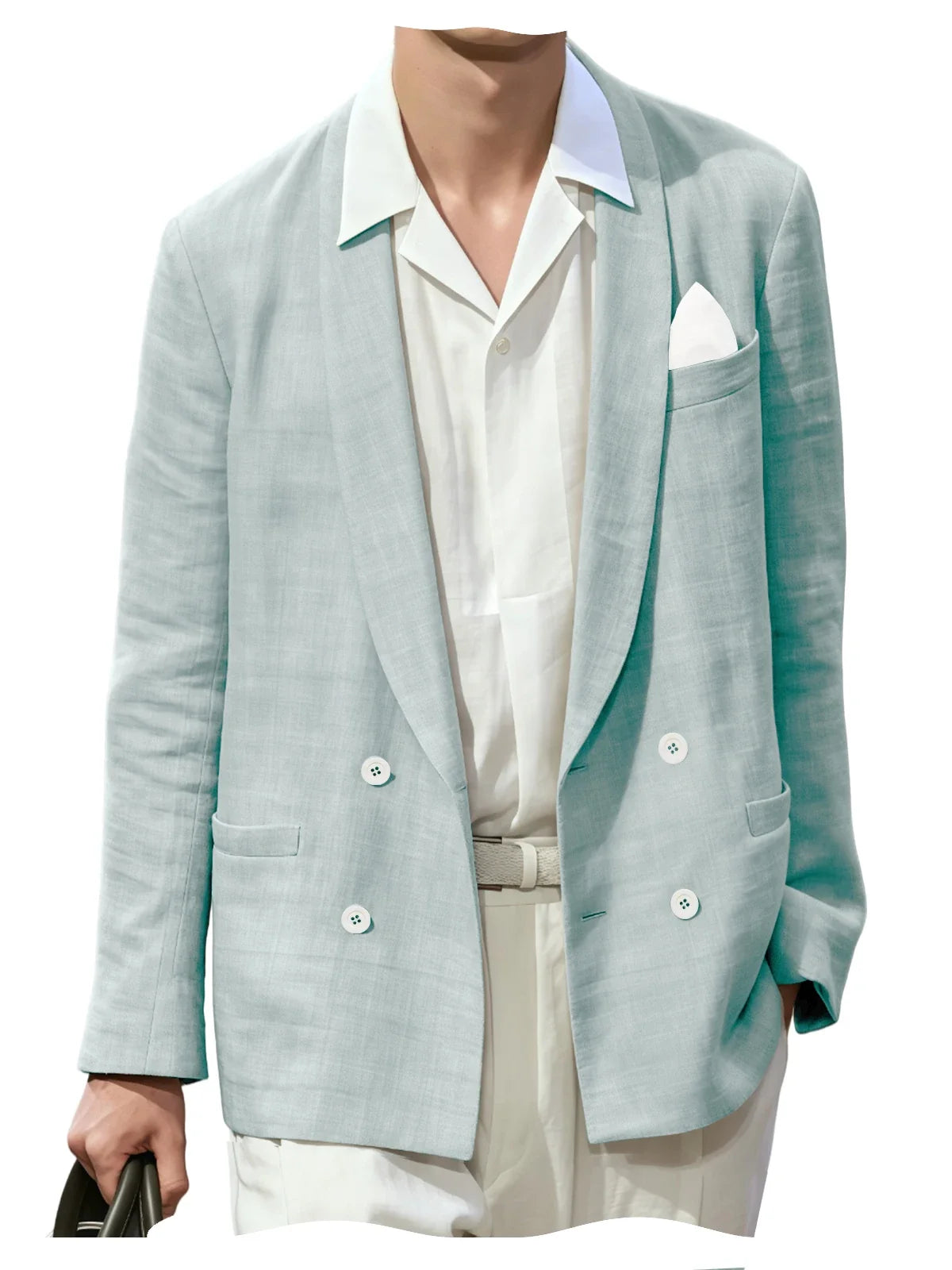 Summer Cotton Linen Blend Men Blazer Double Breasted Casual Suit Jacket Lightweight Soft Elegant Dress Coat For Prom Work Party