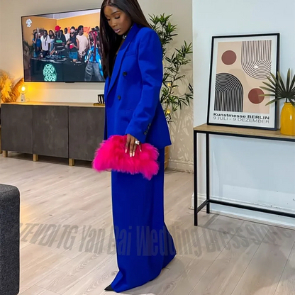 Royal Blue Double Breasted Women Suit Set Classic Fit Wide Leg Pants Formal Business Elegant Office Lady Two Piece Outfit Loose