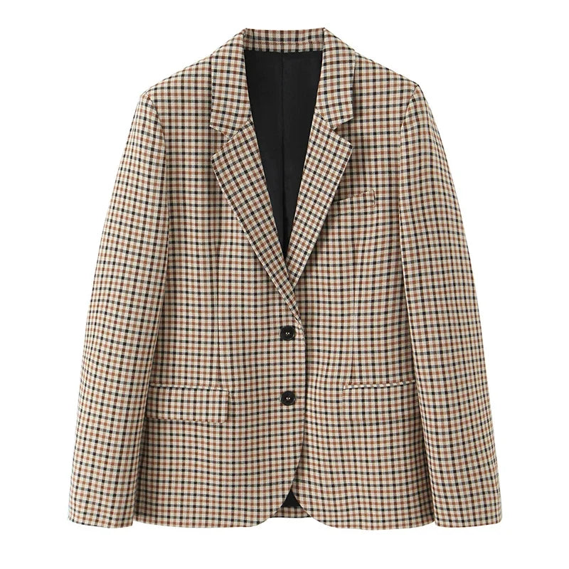 Women Fashion With Pockets Plaid Single Breasted Blazer Vintage Notched Neck Long Sleeves Female Chic Lady Outfits