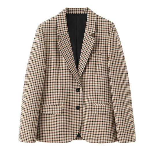 Women Fashion With Pockets Plaid Single Breasted Blazer Vintage Notched Neck Long Sleeves Female Chic Lady Outfits