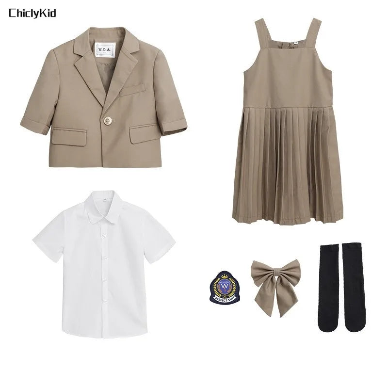 Child School Uniform Girls Korean Jacket Pleated Dress Summer Outfits Boys Blazer Formal Suits Shorts Kids Student Clothes Sets