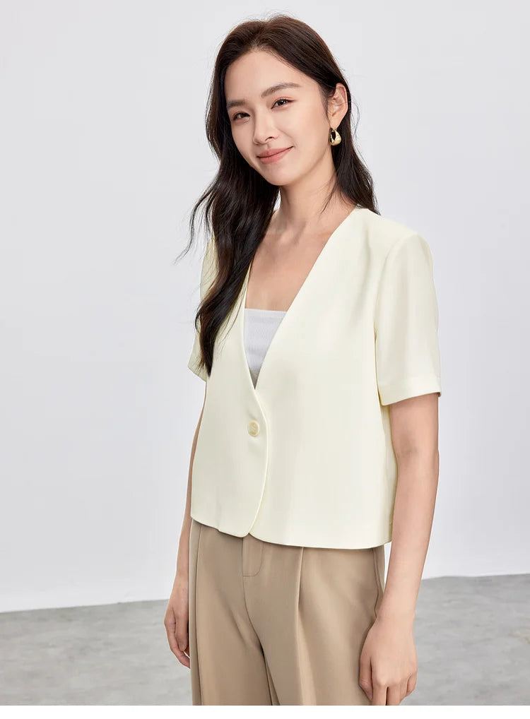 Solid Color Women's Jackets 2026 New Formal Cropped V Neck Single Button Short Sleeve Commuting Outerwear 152X87886