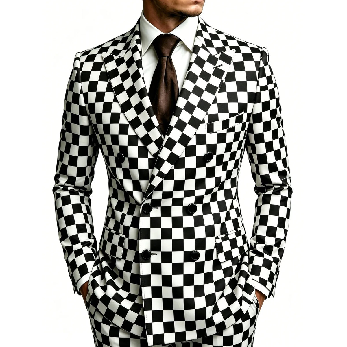 Men's Black White Grid Blazer Double Breasted Peak Lapel Slim Fit Fashion Wedding Groom Formal Party Stage Men Jacket
