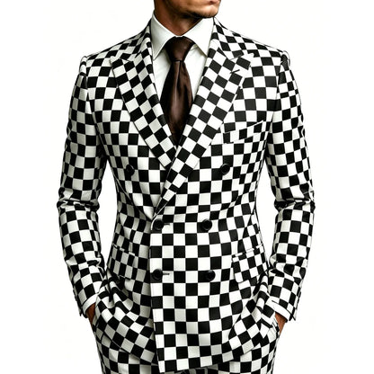 Men's Black White Grid Blazer Double Breasted Peak Lapel Slim Fit Fashion Wedding Groom Formal Party Stage Men Jacket