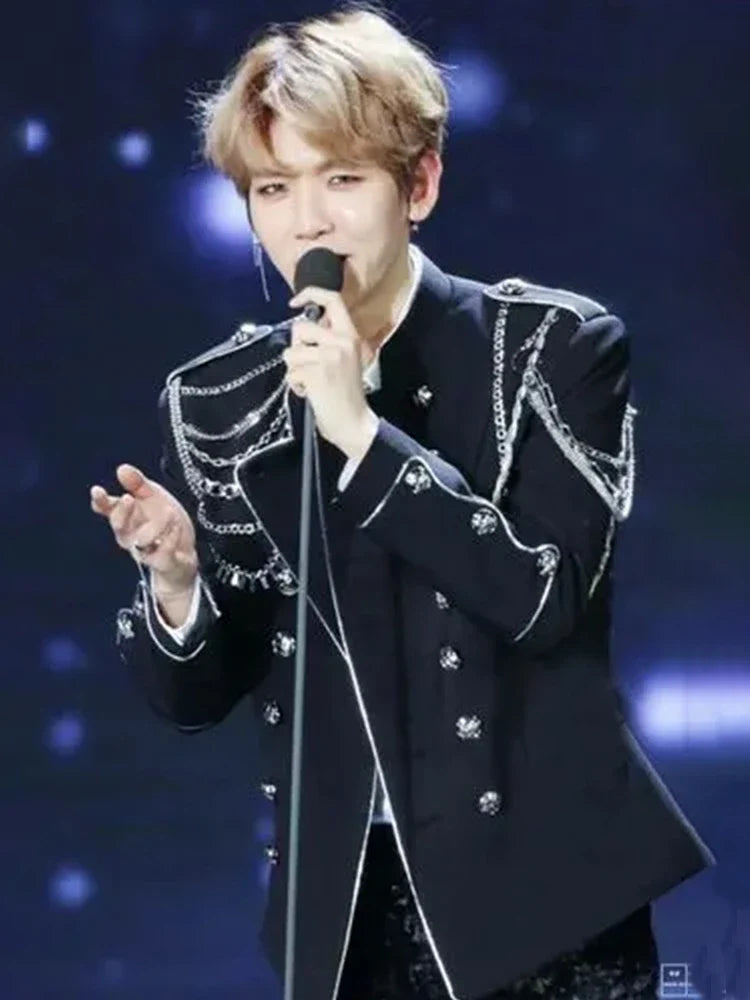 Men's Punk Style Court Jacket with Epaulet Metal Tassel Blazer for Nightclub Singer Dancer Performance Outerwear Stage Wear