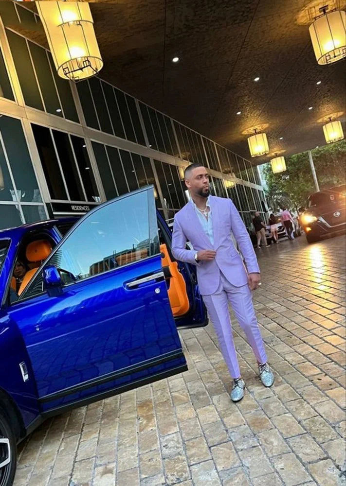 Men's Shawl Lapel Suit Two Pieces Light Purple Jacket Trousers Set for Party Prom Groom Casual Groom Tuxedos One Button Blazer