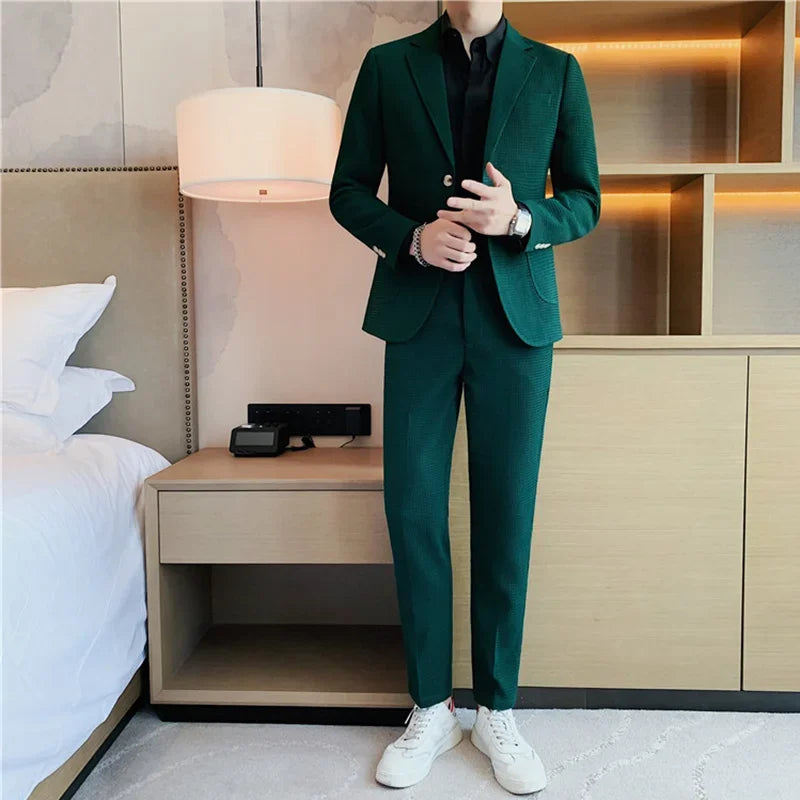 2025 New Waffle Blazers +Pant 2 Piece Set Men Fashion Business Slim Fit Solid Tuxedo Groom Wedding Prom Wear Casual Men's Sets