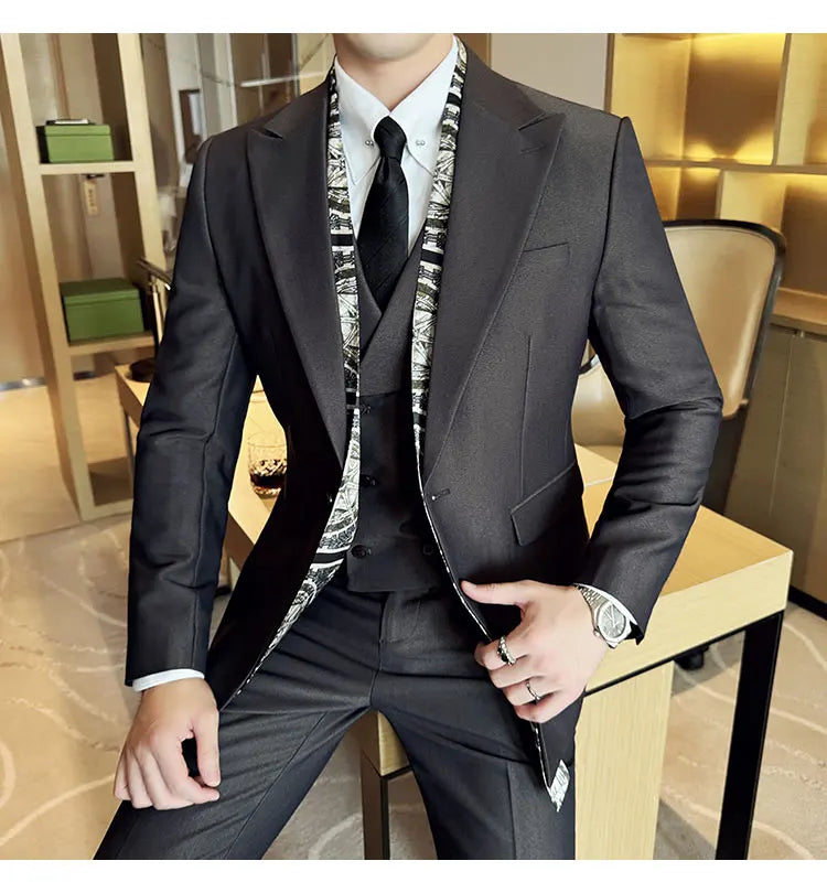 Double Collar Suit Set 3 Pieces Business Formal Casual Suits Vest Trousers Office Work Party Prom Wedding Groomsmen Clothing