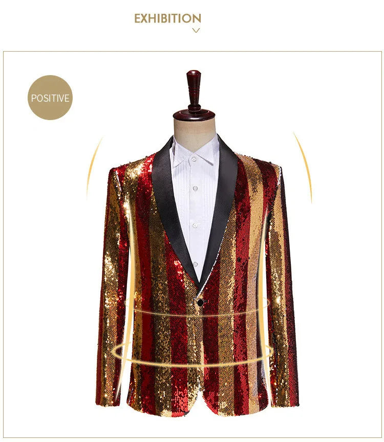 Men's Luxury Sequins Suit Jacket Double Side Stripes Trendy Blazers Banquet Evening Party Singer Host Stage Performance Tuxedo