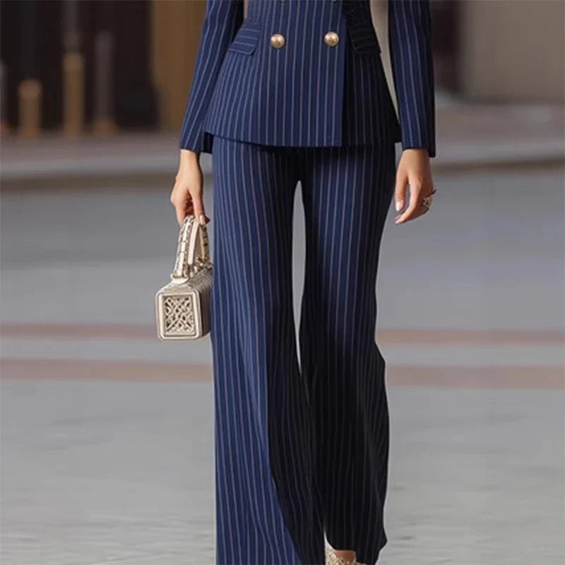 Fashion Ladies Pant Suit Women Striped Female Business Work Wear Jacket Blazer and Trouser Formal 2 Piece Set