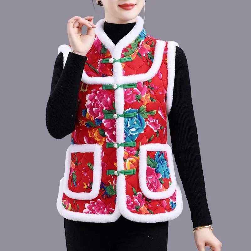 Middle-aged Mother Add Velvet Warm Vest Coat Autumn Winter New Printed Fleece Sleeveless Jacket Grandma Thicken Warm Waistcoat