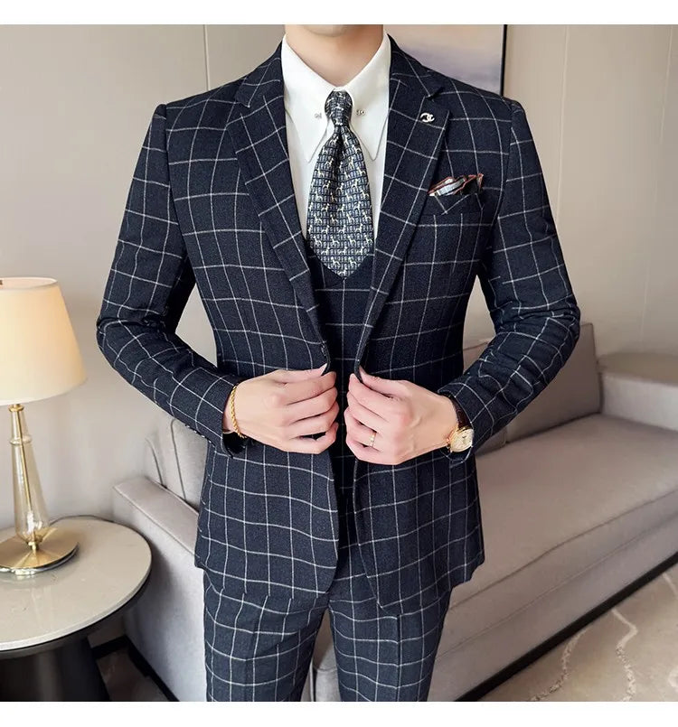 Men's 3-Piece Slim Fit Plaid Suit – Jacket, Vest & Pants for Weddings, Office & Formal Occasions