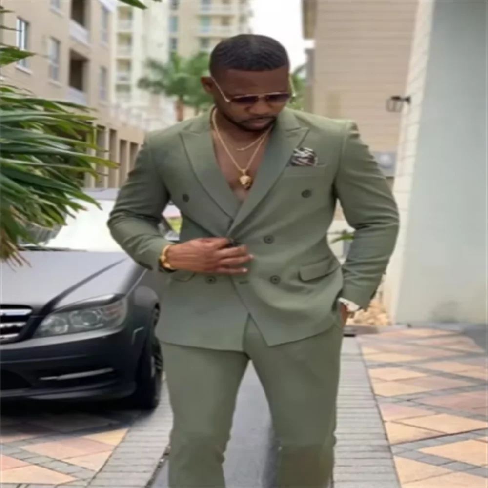 2 Pieces New Fashion Green Double Breasted Men Suits Wedding Slim Fit Tuxedo Terno Masculino Prom Groom Blazer Custom Made