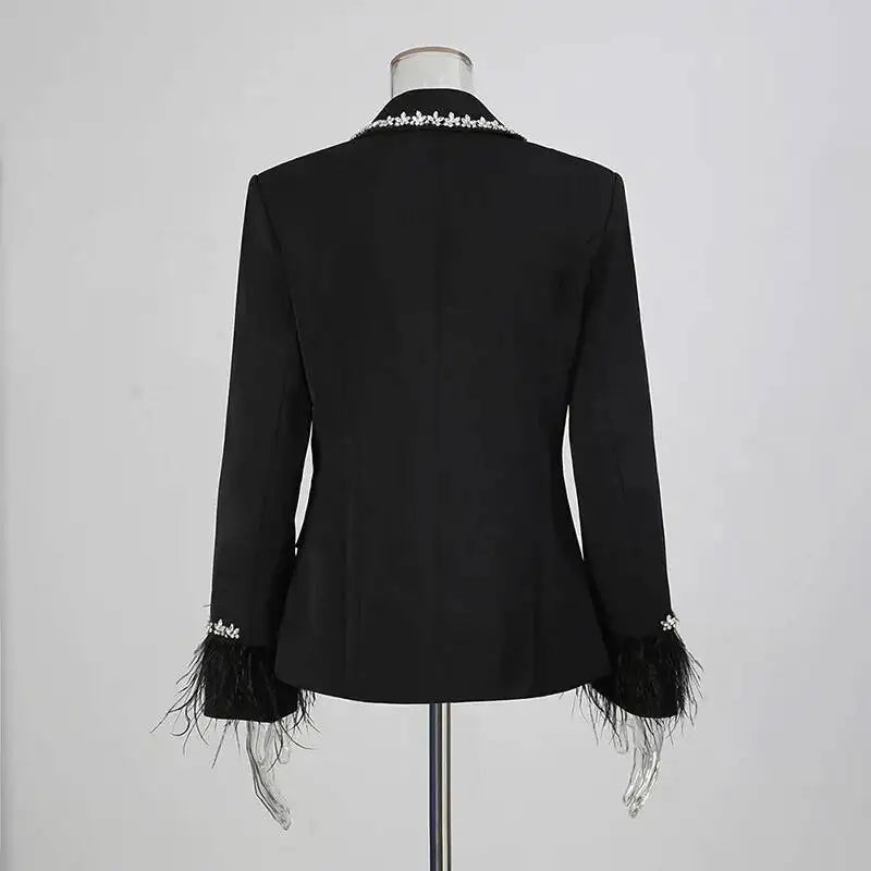Women Blazer Studded Diamonds Patchwork Cuff Feather Single Button Slim Fit Elegant Jacket High-End Coat New Spring HK11098