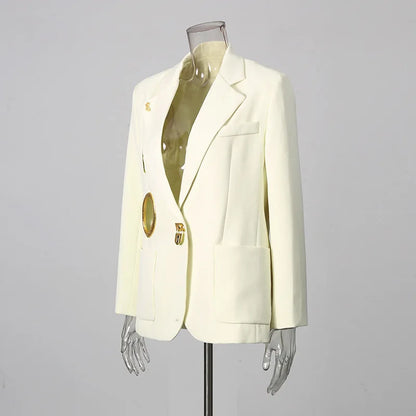 Women Blazer Elegant Fashion Metal Hollow Out Design Long Sleeve Loose Versatile Trendy Suit-Coat Spring Autumn New HK26606