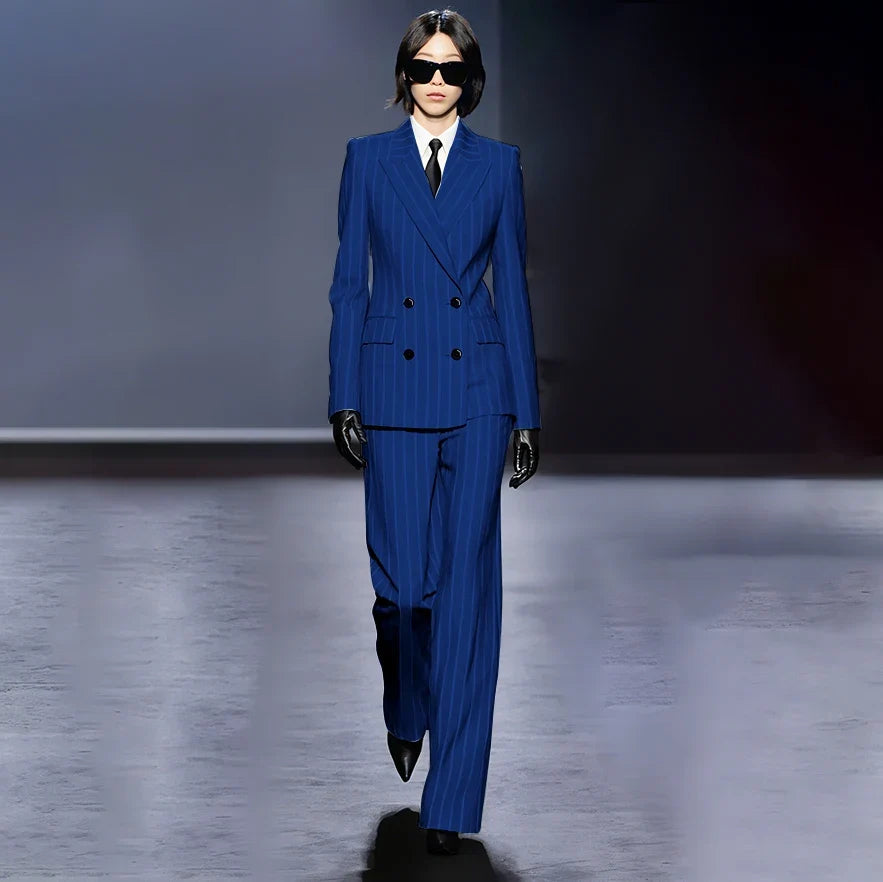 Dark Blue Stripes Women Suit Customized Double-breasted Peak Lapel Two Pieces(Jacket+Pants) Business Office Lady Competent Set