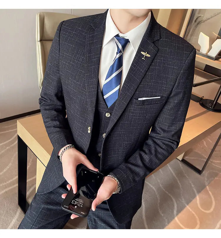 Suit  Men's Fashion Banquet Slimming Striped Dance Singer Trendy Host Casual Wedding Banquet Dress Male Star Performance Suit