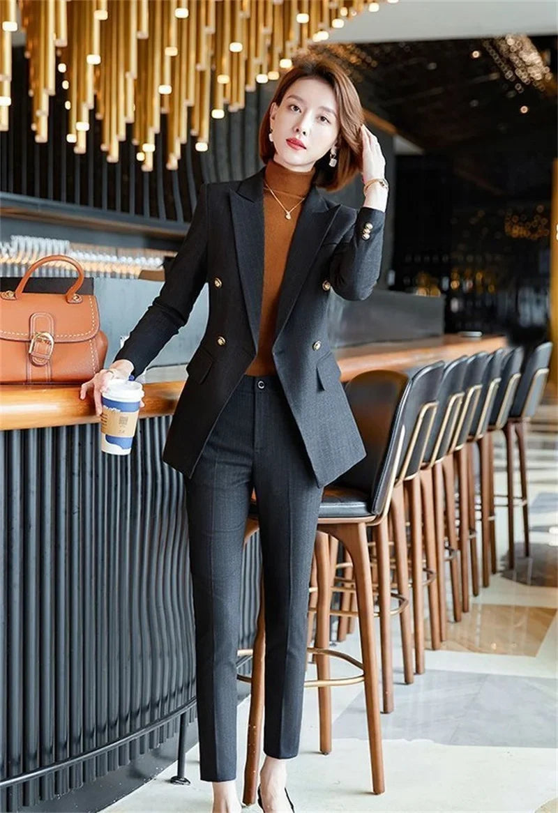 Elegant Office Ladies Two Piece Sets Womens Outifits 2025 New Double Breasted Long Sleeve Blazers Loose Casual Pant Suits