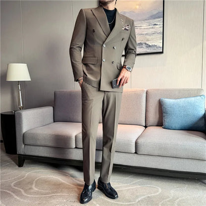 (Jacket + Pants) Fashion Double Breasted Design Slim Men's Suit Italian Style Luxury Wedding Social Party Tuxedo 2 Piece Sets
