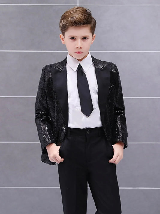 High Quality Luxury Boys Suits 3 Pieces Wedding Ring Bearer Outfit Elegant Black Kids Formal Suit Set Piano Performance Wear
