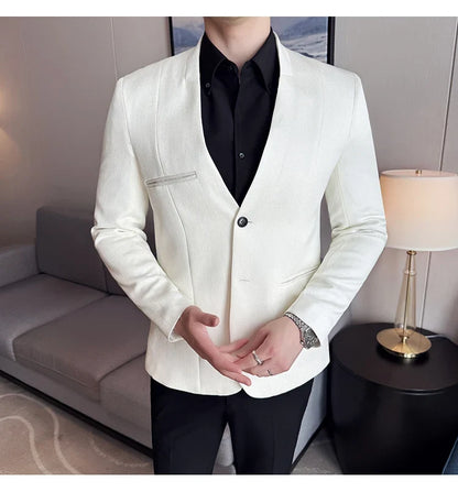 Chinese Style Collarless Suit Jacket Men Fashion Slim Fit Versatile Blazers Male Casual Business Wedding Groom Dress Jacket 2025