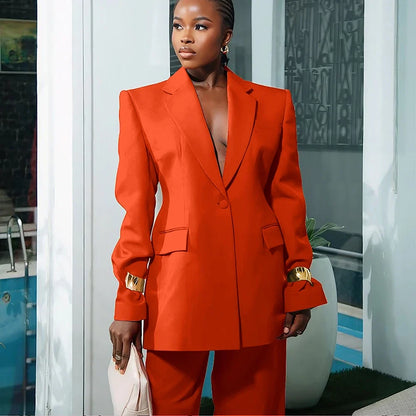 Elegant Women's Suit Autumn New Red Clothing Single Button Notch Lapel Blazer Pant Sets Formal Slim Fit Office Party Outerwears