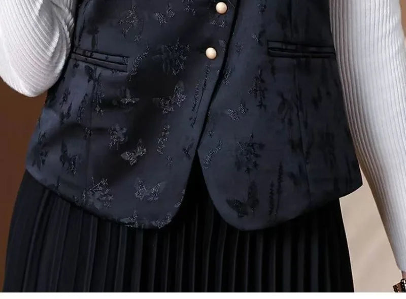 Middle-aged Mother New Chinese Style Black Vests 2026 New Spring Autumn Casual Sleeveless Waistcoat Women Retro Blazers Vest