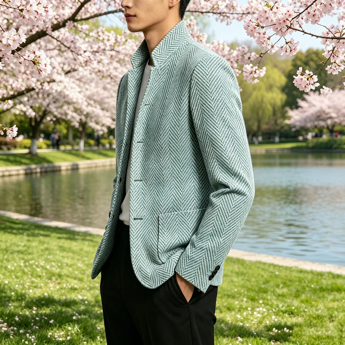 Men's Herringbone Tweed Blazer Stand Collar Slim Fit Business Casual Suit Jacket Spring Daily Commute Lightweight Sport Coat