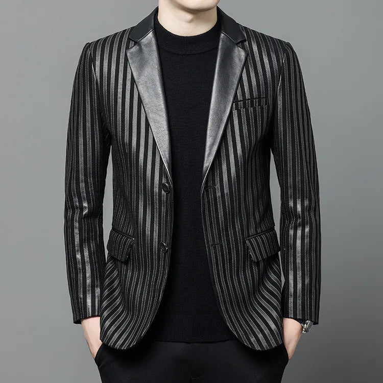 Men's Sheepskin Leather Blazer Single Breasted Winter Moto Jacket