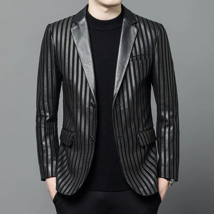 Men's Sheepskin Leather Blazer Single Breasted Winter Moto Jacket