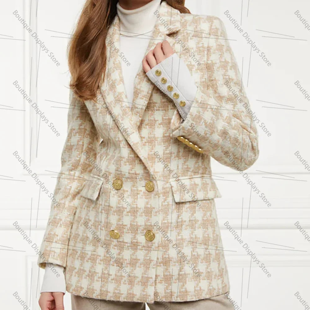 Chic Houndstooth Double Breasted Women Suit Two Pieces(Jacket+Pants) Lapel Outfits Chic Casual Party Prom Wedding Set