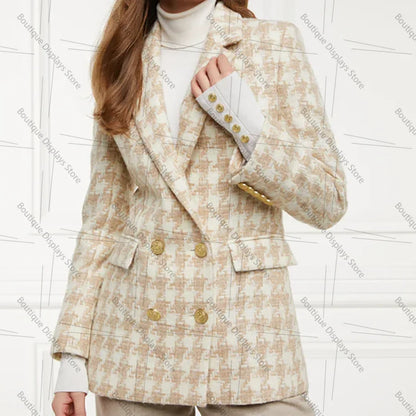 Chic Houndstooth Double Breasted Women Suit Two Pieces(Jacket+Pants) Lapel Outfits Chic Casual Party Prom Wedding Set