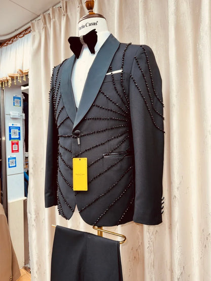 3-Pieces Men's Black Suit Set Formal Banquet Party Wear Luxurious Crystal Shawl Lapel Tuxedo Host Costumes S-3XL Wedding Suits