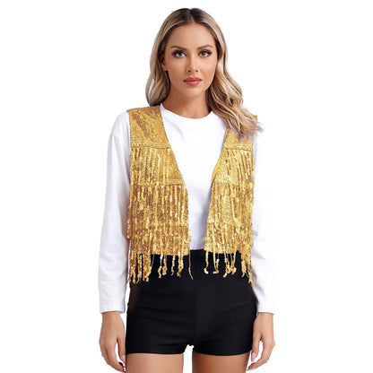 Women's Vest Glitter Tassel Sleeveless Waistcoat V Neck Open Front Shiny Sequins Vests for Jazz Dancing Music Festival Clubwear