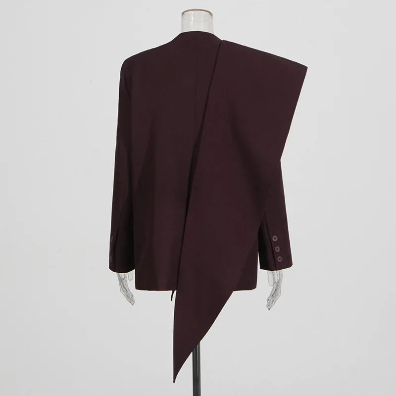 Spring Autumn New Women Blazer V-neck Single Button Asymmetric Solid Color Scarf Collar Fashion Elegant Trendy Coat HK17099