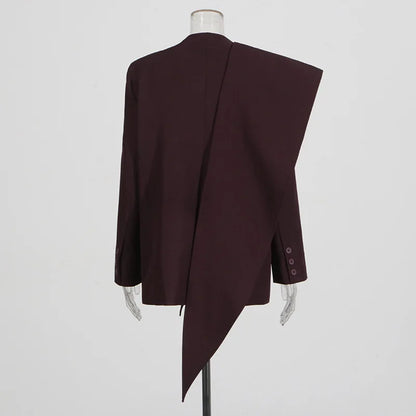 Spring Autumn New Women Blazer V-neck Single Button Asymmetric Solid Color Scarf Collar Fashion Elegant Trendy Coat HK17099